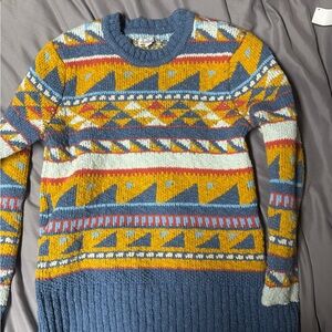 L.L. Bean Women's Blue and Yellow Geometric Crewneck Sweater